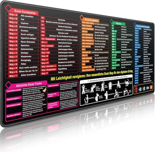 Excel Schreibtischunterlage Deutsch, Mousepad XXL 800 x 300mm Gaming Mousepad Groß Schreibtischunterlage mit Excel Shortcuts, Word PPT Windows für Büro, Zuhause