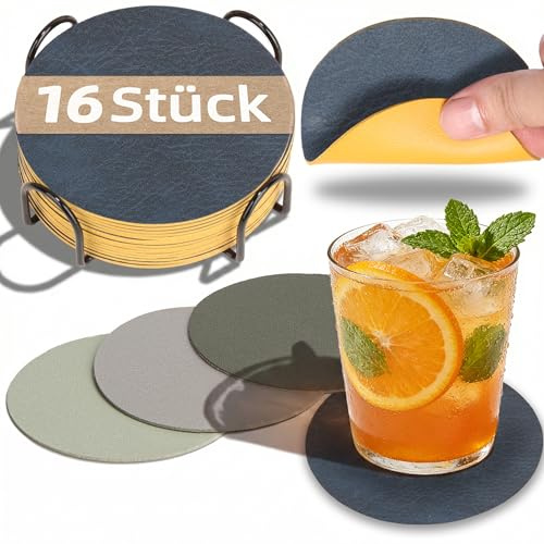 HELI MIAO 16 Stück Untersetzer Gläser,Doppelseitige Glasuntersetzer aus Kunstleder -Rund,rutschfest & hitzebeständig -Inkl.Aufbewahrungsständer(10cm,Blau+gelb) -Für Tisch,Bar,Outdoor