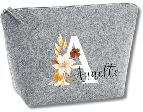 Kosmetiktasche groß grau personalisiert mit Name & Initial | Schminktasche Filz 28x18,5x9 cm | Geschenkidee Frauen (Grau Blumen Initial, Gross)