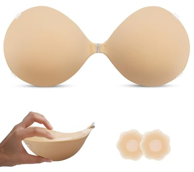 KSang Super Thick Backless Strapless Bra for Push Up, Padded Adhesive Invisible Sticky Bra for Women - B Cups Beige