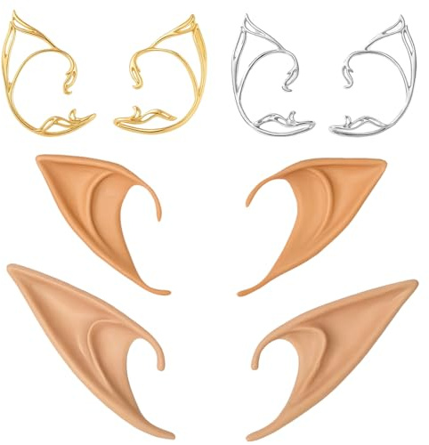 Elfenohren Erwachsene, 2 Paar Elfen Ohrclips (Gold, Silber) + 2 Paar Elfenohren, Elfen Kostüm Damen, Elben Kostüm, Elfen Ohren Cosplay Zubehör für Karneval Partydekorationen