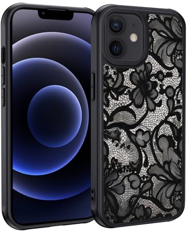 XTCASE Cover per iPhone 12/12 Pro, Custodia Aesthetic Motivo Vintage Pizzo Opaca Posteriore Ultra Sottile Leggera Silicone TPU Morbido Antiurto Retro PC Rigido Antigraffio Case, Nero
