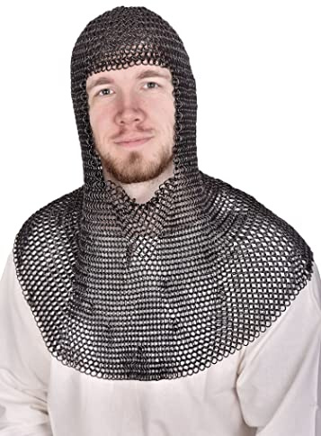 Battle-Merchant Kettenhaube, quadratischer Ausschnitt, ID 8 mm, brüniert | Mittelalter Kettenrüstung, Rüstung, für Reenactment, LARP & Historische Darstellungen