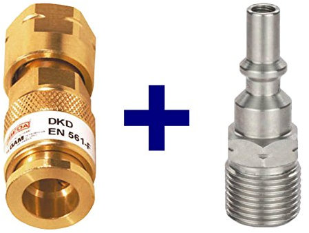 Ibeda DKD Gas-Schnellkupplung mit Überwurfmutter im SET mit D4 Kupplungsstift mit Außengewinde für Brenngas G3/8 LH, Sauerstoff 1/4 RH, Inertgas G 1/4' RH, Ausführung:Sauerstoff G 1/4'' RH