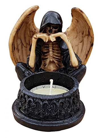 Fachhandel Plus Dekofigur Geist mit Flügeln vor Teelicht Skelett Totenkopf Gothic Mystik Fantasy