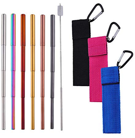Buyer Star 6 Set Pailles métalliques réutilisables Rétractable Portable Pailles, Pailles Télescopiques Acier Inoxydable avec Brosse de Nettoyage
