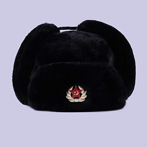 QIANWEIXI Russen Mütze Herren Abzeichen Uschanka Russische Männer Frauen Winter Hüte Army Military Bomber Hut Trapper Earflap Schnee Ski Cap-Black_M_56-61Cm