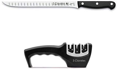 Hidalgo 3 Claveles Cuchillo Jamonero Alveolado 30 cms Uniblock + afilador 3 Pasos.