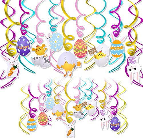 HOWAF Frohe Ostern Dekorationen, 30pcs Deckenhänger Ostern Spiral Girlanden, Ostern Wirbel Deko Luftschlangen Ostern Hängedeko Osterei Kaninchen Hase Küken Karotte Hähnchen Hängedeko Spiral