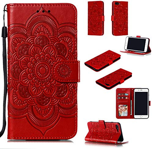 EYZUTAK Mandala Coque pour iPhone 7 Plus iPhone 8 Plus Cuir Premium Flip Wallet Slots Carte Stand Magnétique Housse de Protection Ultra Fine avec Dragonne Relief Flip Cover - Rouge