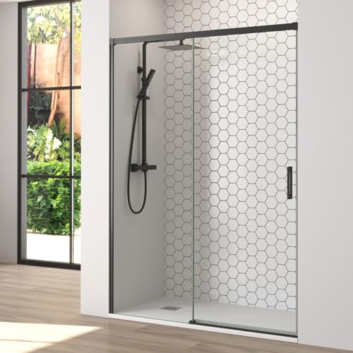 Mampara de Ducha Frontal Corredera 1 puerta Corredera + 1 fijo | Transparente | Cristal templado 6mm Antical | 195cm de Altura | Perfilería color Negro Mate | 110 cm (Adaptable 104-109cm)