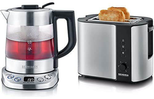 SEVERIN WK 3473 Glas-Tee-/Wasserkocher Deluxe Mini (ca. 2.200 W, Für 1 L Wasser/0,75 L Tee) edelstahl/schwarz & Automatik-Toaster, Inkl. Brötchen-Röstaufsatz, 2 Röstkammern, 800 W, Edelstahl/Schwarz
