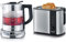 SEVERIN WK 3473 Glas-Tee-/Wasserkocher Deluxe Mini (ca. 2.200 W, Für 1 L Wasser/0,75 L Tee) edelstahl/schwarz & Automatik-Toaster, Inkl. Brötchen-Röstaufsatz, 2 Röstkammern, 800 W, Edelstahl/Schwarz