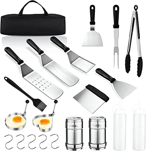 BBQ Griddle Accessories Kit, 21 Pcs Stainless Steel Grilling Accessories with Griddle Scraper and Metal Spatula, Flat Top Grill Accessories Set for Outdoor Grill, Teppanyaki and Camping