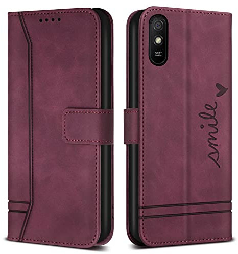 Bravoday Coque pour Xiaomi Redmi 9A / Redmi 9AT, Etui Cuir avec Magnetique, Flip Pochette Housse pour Xiaomi Redmi 9A / Redmi 9AT Protection, Vin Rouge