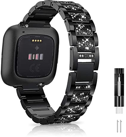 Niboow Armband Kompatibel mit Fitbit Versa/Fitbit Versa 2/Fitbit Versa Lite, Damen Edelstahl Metall Diamant Strass Uhrenarmband Ersatzarmband Kompatibel mit Fitbit Versa/Versa 2/Versa Lite - Schwarz