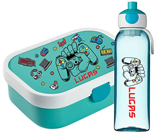 Ferocity Lunchbox Set für Kinder Jungen zur Schule Personalisiert mit Namen Brotdose Wasserflasche Trinkflasche BPA frei Essen für Unterwegs mit Gabel und Bento Fach To Go Gamer [153]