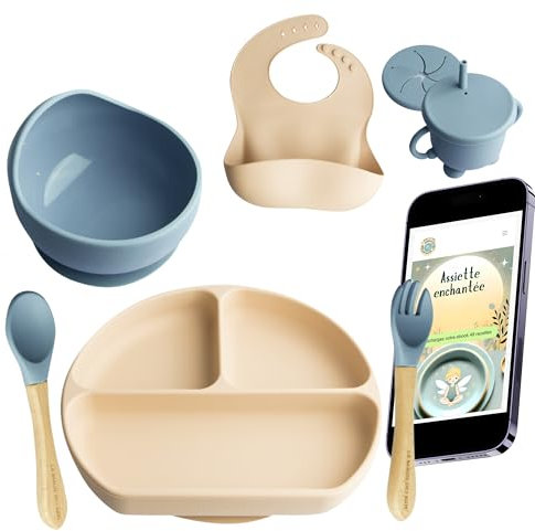 Coffret Repas Bebe - Lot de 6 Pièces avec Assiette Ventouse pour Bébé et Couvert Enfant - Bavoir Silicone Bebe - Bol Bebe et Tasse Apprentissage Bebe sans BPA