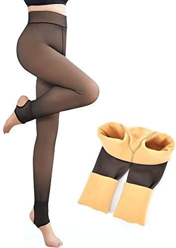 SHEPIN Collant Polaire Femme Collant Effet Transparent Collants Thermiques Taille Haute Hiver Extensibles Leggings Chaud Doublés de Molleton Translucide, 34