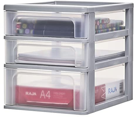 Iris Ohyama, Schreibtisch-Organizer mit 2 flache und 1 tiefe Schublade, Grau, Easy-Pull-System, A4, A5 & A6 Format, Schreibtisch Organizer für Büro, Schule, Schreibwaren, BPA-frei, Drawer, OCH-2021