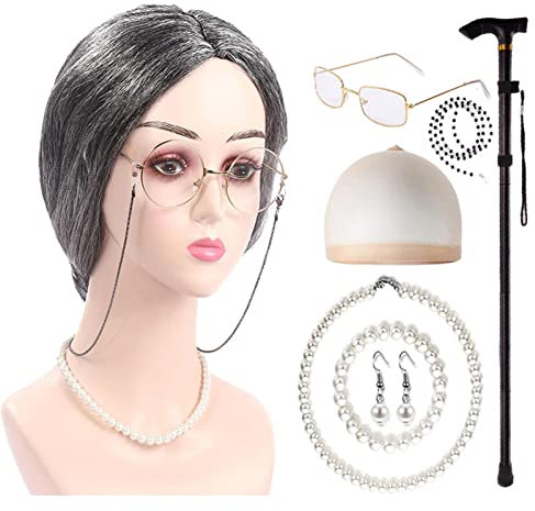 Old Lady Kostüm Großmutter Cosplay Zubehör Set Mit Oma Perücke Perlenkette Oma Brille Brillenketten Kordelriemen Ohrringe Armbänder Spazierstöcke, Für Halloween Karneval Mottoparty Fasching Deko