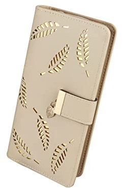 FuninCrea Porte - Monnaie Femme avec Feuille Creuse, Long Portefeuille en Cuir PU pour Femme avec Plusieurs Fentes pour Cartes, Double Portefeuille Pliant, Porte - Monnaie avec Fermeture (Beige)