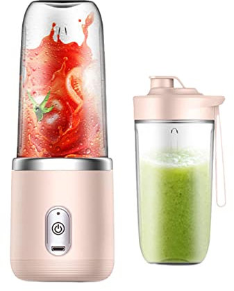 Tragbarer Mixer Juicer für Saft,40W Elektrischer USB Wiederaufladbarer Saftmixer für Shakes und Smoothies,Entsafter Mixer mit 6 Klingen und 2 Saftbecher Mini Mixer to Go Persönlicher Blender (Pink)