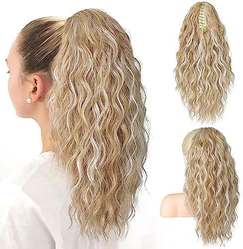 PORSMEER Pferdeschwanz Haarteil Ponytail Extensions blonde Strähnchen mit klammer 45cm Lange Gewellte Lockige Haarverlängerung Zopf Clip in Klaue Natürlich Kunsthaar Haarteil für Frauen,18zoll