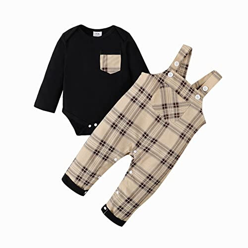 puseky Baby Boy Clothes Suit 12-18 Months Newborn Infant Long Sleeve Romper and Plaid Suspenders Overall Pants Spring Fall Outfits Black