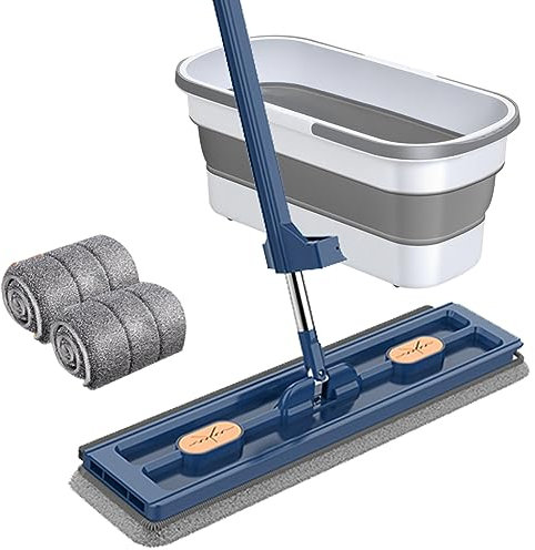 AMZLORD 30L Faltbarer Wischmopp Set mit Eimer, 137cm Flachmopp mit Edelstahlgriff und 2 Mikrofaser Moppkopf, Bodenwischer mit 360° drehbarem Moppkopf für Hartholz Laminat Fliesen (Blau)