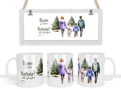 Tazza mug personalizzata con famiglia natalizia inverno con frase e personaggi personalizzati abito capelli mamma papà bambini