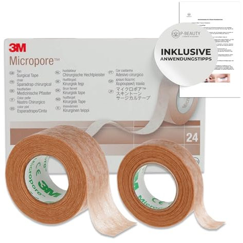 3M Micropore Tape Vliespflaster Hautfarben mit Anwendungstipps by P-Beauty - medizinisches Klebeband Wimpernverlängerung, Hautpflaster Hypoallergen, Atmungsaktiv, Wasserfest (1,25cmx9,14m, 1 Rolle)