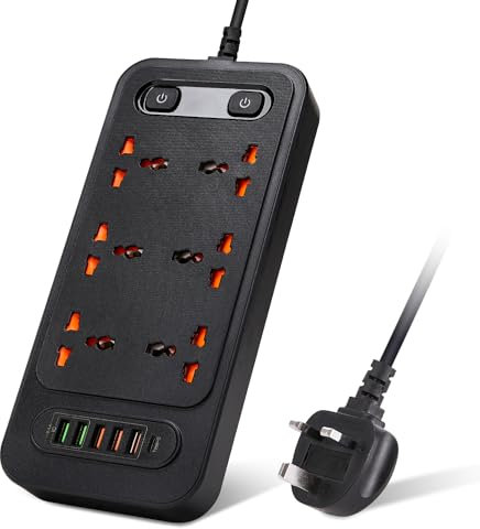 3M/9.84FT Extension Lead 6 AC Way With Fast Charger 1 Type-C + 5 USB Slots(5V 3.4A),3000W 13Amp UK Plug Power,Protected Extension Cord,Power Strip for Home Office (Black)