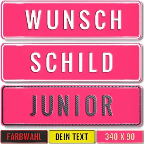 Kennzeichen Junior Schild 34cm x 9cm mit Wunschtext Wunschprägung Namenskennzeichen Namensschild 340x90mm Bobbycar Gokart Tretauto Kettcar Fun Schild (pink)