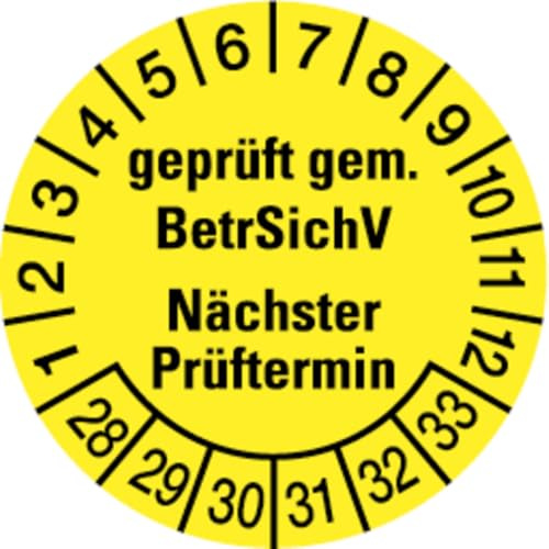 Dreifke® Prüfplakette, BetrSichV Nächster Prüftermin, gelb/schwa - 30 mm Folie selbstklebend, 10St