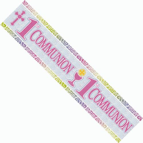 Party-Banner für die heilige Kommunion, für Mädchen, Rosa, extra breit, riesige Party-Dekoration, Girlande, religiöse Kirche, Dekoration, recycelbar, umweltfreundlich, holografisch, glänzend,