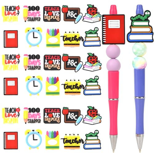 30pcs Teacher Silicone Focal Beads Focal Beads for Pens Characters School Silicone Focal Beads Bulk Silicone for Beadable Pen Keychain Making