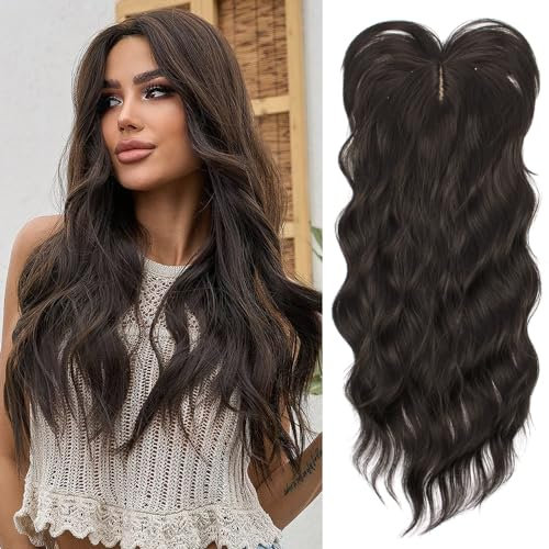 PORSMEER Haar-Topper Dunkelbraun für Frauen 45cm Lang Gewelltes Haarteile Synthetische Perücken-Topper für dünnes Haar Highlight Clip In Wiglet mit Pony Haarvolumen hinzufügen