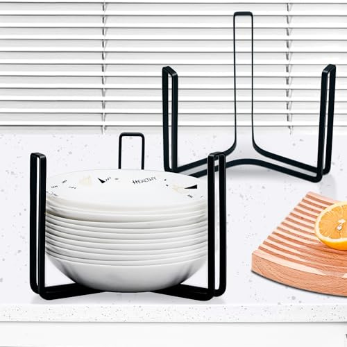 MINGFANITY Dinnerware Bowl Plate Holder Fit for 6.5 Inches Diameters Bowl, Metal Bowl Storage Dying Display Rack for Kitchen Drawer, Countertop, Cabinet, Shelf, Cupboard (Black, Large 2PCS)