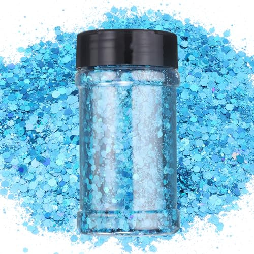 QUARKZMAN Holografischer Klobiger Glitzer 3.5oz/100g Hell Blau Holographische Glitzer Pulver Gemischt Grob und Fein Flocken Schillernde Pailletten für Nagel Haar