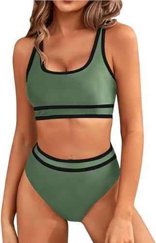 Genfien Women's Bikini Sets Bikini Tops High Waisted Bottom Tummy Control Bathing Suits Cut Out Ladies Swimsuit Suits Padded Beachwear Army Green