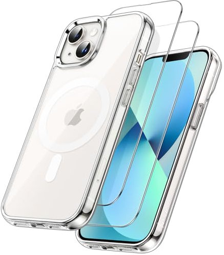 JETech 3 in 1 Magnetische Hülle für iPhone 13 Mini 5,4 Zoll mit 2 Stück Gehärtetes Glas Schutzfolie, Kompatibel mit MagSafe, Stoßfest Stoßfänger Handyhülle (Durchsichtig)