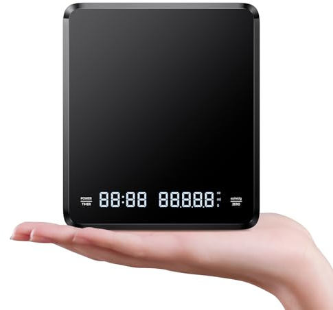 FlyCoco - Wiederaufladbare Mini-Kaffeewaage mit Timer, Tragbare 3kg/0,1g Espressowaage, Tara-Funktion, LED-Display, Digitale Küchenwaage für Espresso und verschütteten Kaffee