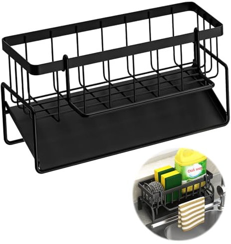 FL HUA Organizer per lavello da cucina, colore nero, con vasca di scarico e portasciugamani rimovibile, per cucina, bagno, lavanderia, dispensa