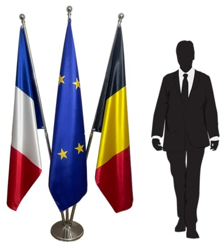 Drapeau Europe, Belgique et France avec mâts et pied. Drapeaux pour bureau. Drapeaux sur hampes. CN4-EU-BE-FR