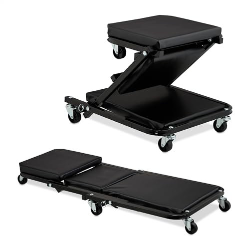 Relaxdays Rollbrett Werkstatt bis 150 kg, 2in1 Rollsitz & Werkstattliege klappbar, 360° drehbar, f. Auto, Stahl, schwarz
