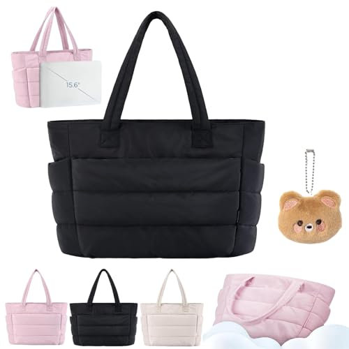 Qosneoun Puffy Tote Bag with Laptop Compartment, Popular Quilted Padded Bag for Women (Black)