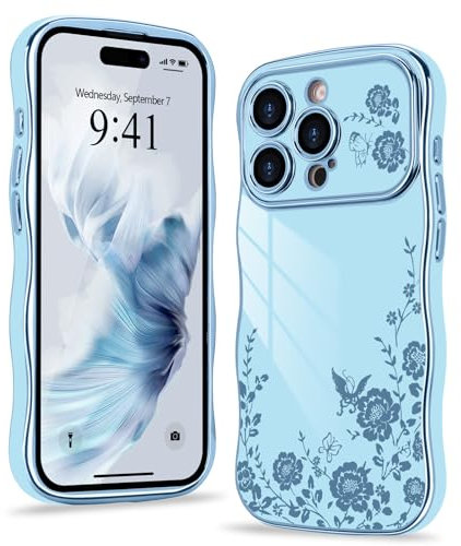 Wirvyuer for iPhone 13 Pro Case, Cute Floral Flower Phone Case Curly Wave Frame Shape with Luxury Gold Plated Bumper, Shockproof Raised Full Camera Protection Cover for Women Girls, Blue