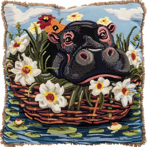 GXQFF DIY Knüpfkissen Kit Süßes Nilpferd Knüpfen Set Erwachsene Kissen Cartoon-Tiere DIY Knüpfkissen-Set，Anfänger，Erwachsene，Teenager，Geschenk，Stickerei，Heimdekoration-B