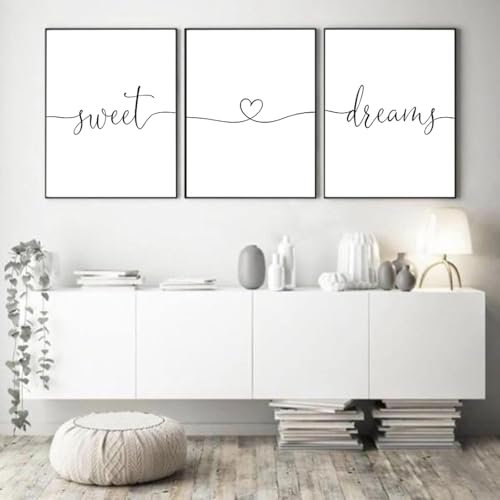 HTWLMM Coeur Amour Sweet Dreams Citations Minimaliste Noir Blanc Tableaux Affiche sans Cadre Toile Peintures Murale Art Salon Chambre Décor À La Maison (3X20X30CM,sans Cadre)